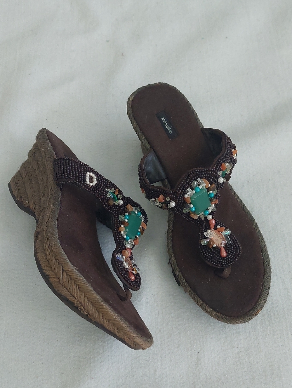 XHILARATION Brown Beaded Embellished  Women's Wedge Heel Thong Sandal NWOT